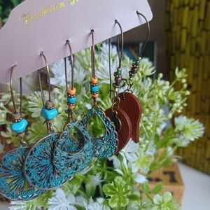 3 Pair Bohemian Bronze Turquoise Earrings
